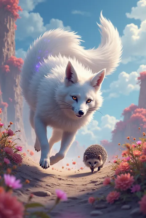 A white nine-tailed fox with a purple tail raced against a hedgehog.