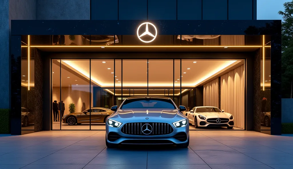 .A stunning luxury car showroom front view at night, featuring the 2025 Mercedes-Benz CLA prominently displayed in front. The showroom exterior is sleek and modern, with a combination of glass walls, polished black marble, and subtle golden lighting accent...