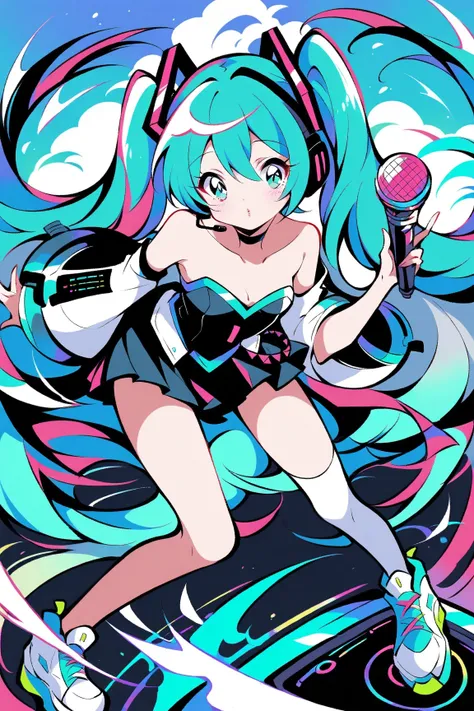 (has the best quality, sketch:1.2),practical, illustration designer  ,cunning，1 girl,   Hatsune Miku  ， delicate lips , Microphone in hand， strapless， Neon long hair  ,  high ponytail green  ， skirt， Put your foot on the sound，sneakers。fluorescent powder a...