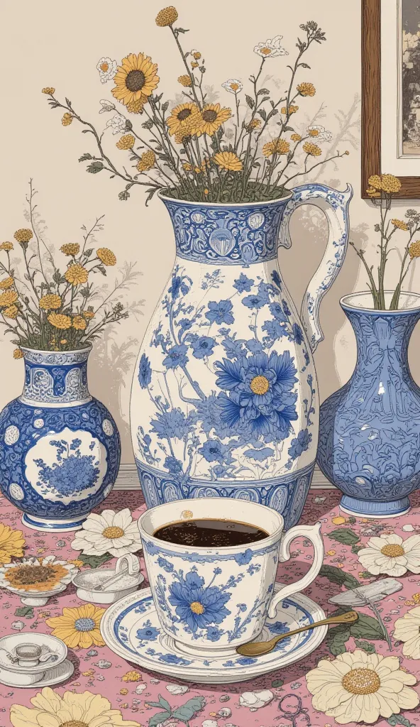 various vase paintings close-up,Drawn by Yoshida Hanbei on the theme of McDonald's , Tumbler, Delft-baked, chinoiserie pattern, porcelain, coffee cup,  glazed pottery , chinese blue and white porcelain, 18th century