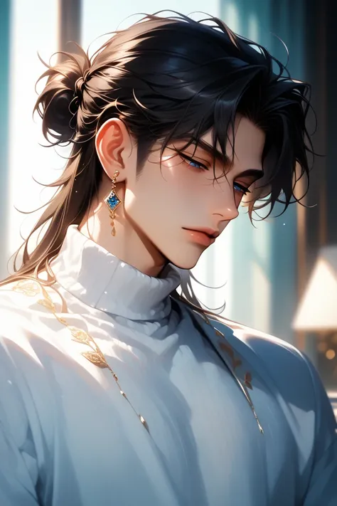 Adult male, alone,  sexy,   broad shoulders, long hairstyle with back hair  , ( Dichroism ,  Light Blue ,   Dark Hair in the Water  ),  hair hanging like a curtain , Blue eyes , ( half-closed eyes :1.2),   detailed description of eyes and face ,  expressio...