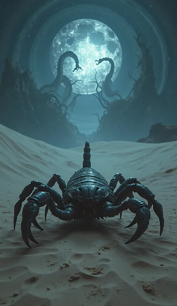 A massive, armored scorpion prowls across a moonlit desert, its claws clicking against the sand. Just beyond the dunes, a portal pulses with an eerie, otherworldly glow, shifting between shapes that defy comprehension. From within, shadowy tendrils emerge,...