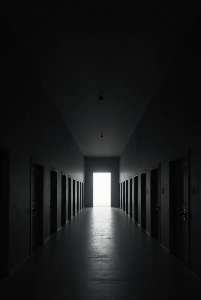 A dark, clean black hallway with 6 doors on each side and no middle