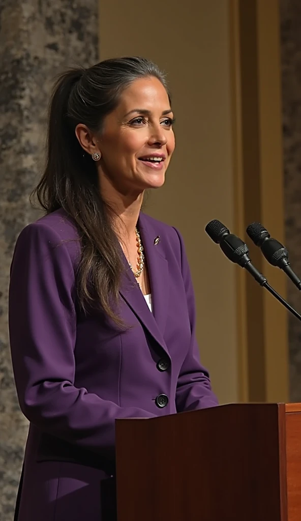 Claudia Sheinbaum standing confidently at a podium, addressing an audience, her presence commanding attention and respect, wearing a tailored suit in bold colors, medium shot1. Claudia Sheinbaum as President: A woman in her mid-50s, with a commanding prese...