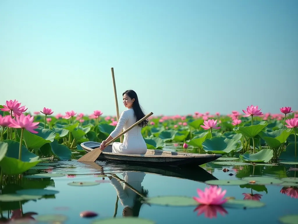 A mesmerizing lotus pond in Hậu Giang, filled with pink lotus flowers in full bloom. A young Vietnamese woman in a traditional áo dài paddles a small wooden boat, carefully picking lotus flowers. The water reflects the clear blue sky, creating a dreamlike ...