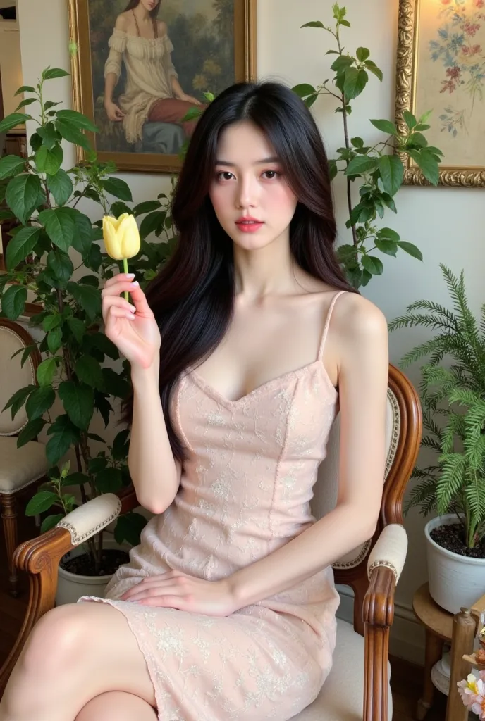 a woman sitting on a chair with elegant style. She wore a light pink lace dress and held a light yellow tulip in her hand. The background has many green trees and wall paintings, creating a gentle, sophisticated space. The exterior and interior have a clas...