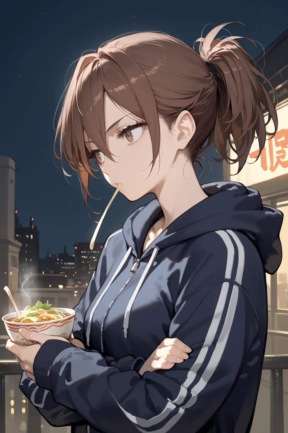 score_9, score_8_up, score_7_up,source_anime,solo,beautiful adult woman,
long ash brown hair, messy ponytail, sharp eyes, strong gaze, casual uniform, slightly unkempt yet cool, hoodie or tracksuit, serious yet kind expression, arms crossed, eating ramen, ...