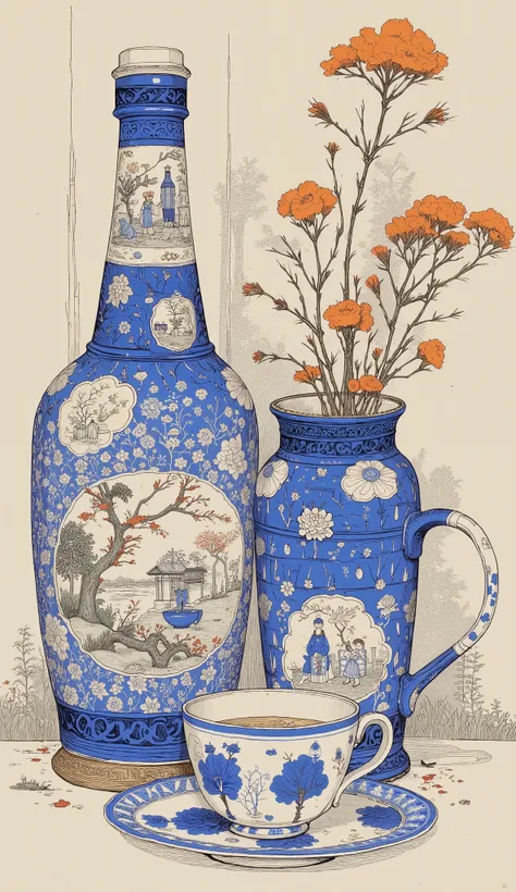 various vase paintings close-up,Drawn by Yoshida Hanbei on the theme of McDonald's , Tumbler, Delft-baked, chinoiserie pattern, porcelain, coffee cup,  glazed pottery , chinese blue and white porcelain, 18th century