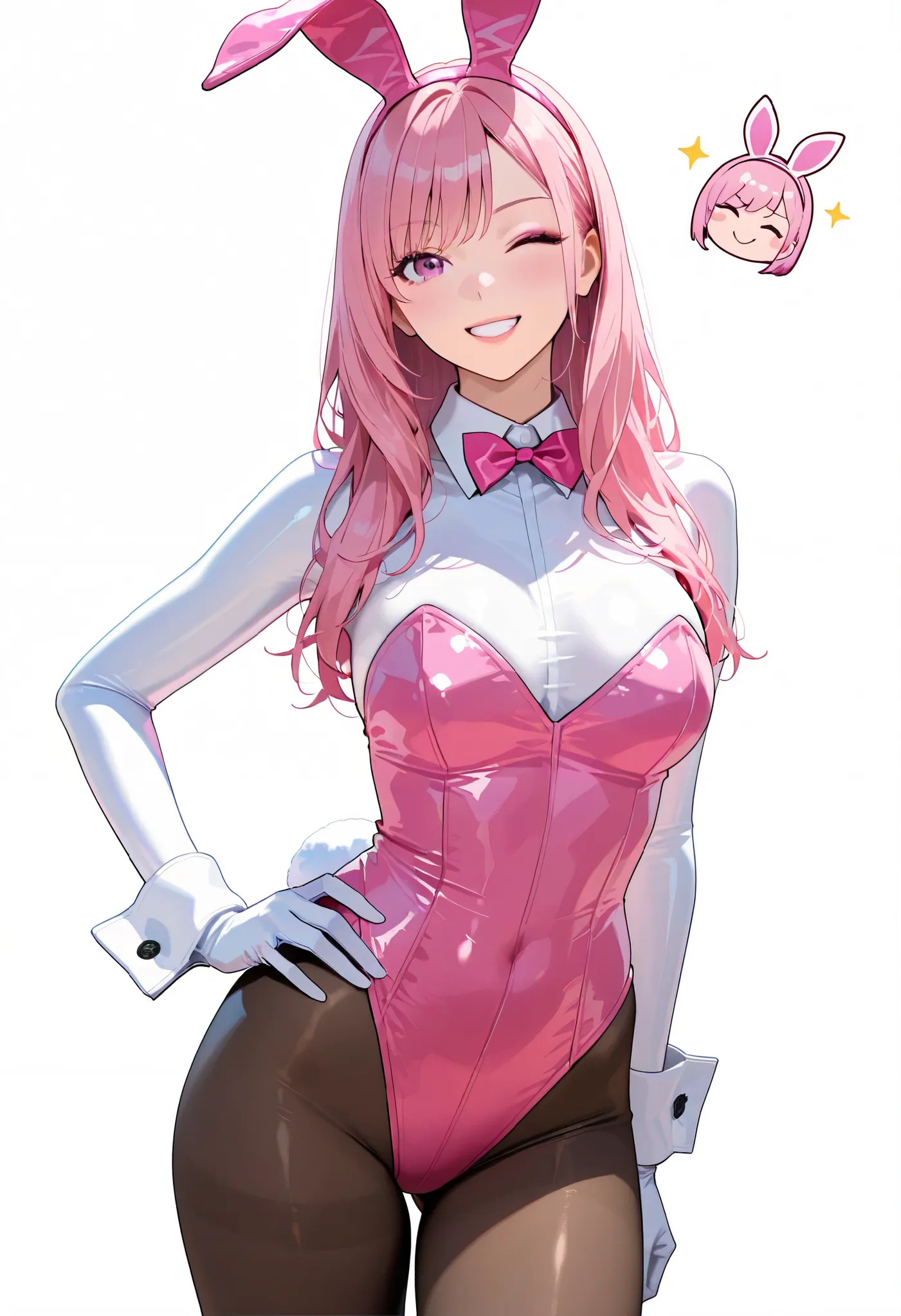 black tights、bunny girl,super realistic,high quality,Detailed,4K Rendering,white studio background with,Smiling face,rabbit in a bodysuit,wearing an enamel luster bodysuit, pink long hair,An attractive posture,white background,soft lighting,Midea, pop,fash...