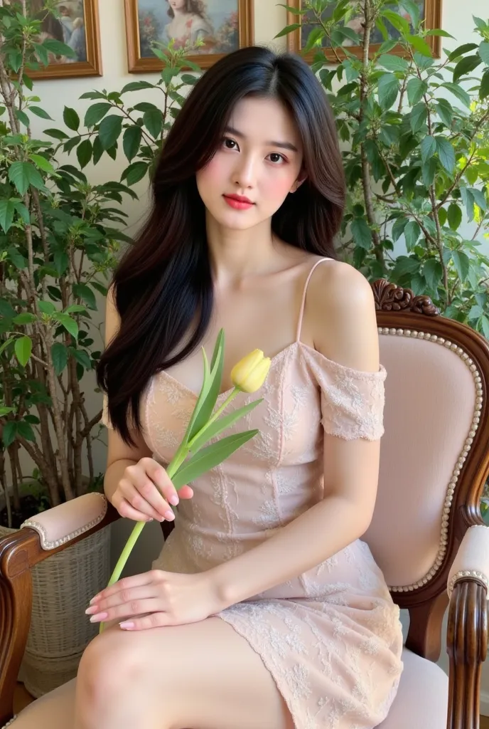 a woman sitting on a chair with elegant style. She wore a light pink lace dress and held a light yellow tulip in her hand. The background has many green trees and wall paintings, creating a gentle, sophisticated space. The exterior and interior have a clas...