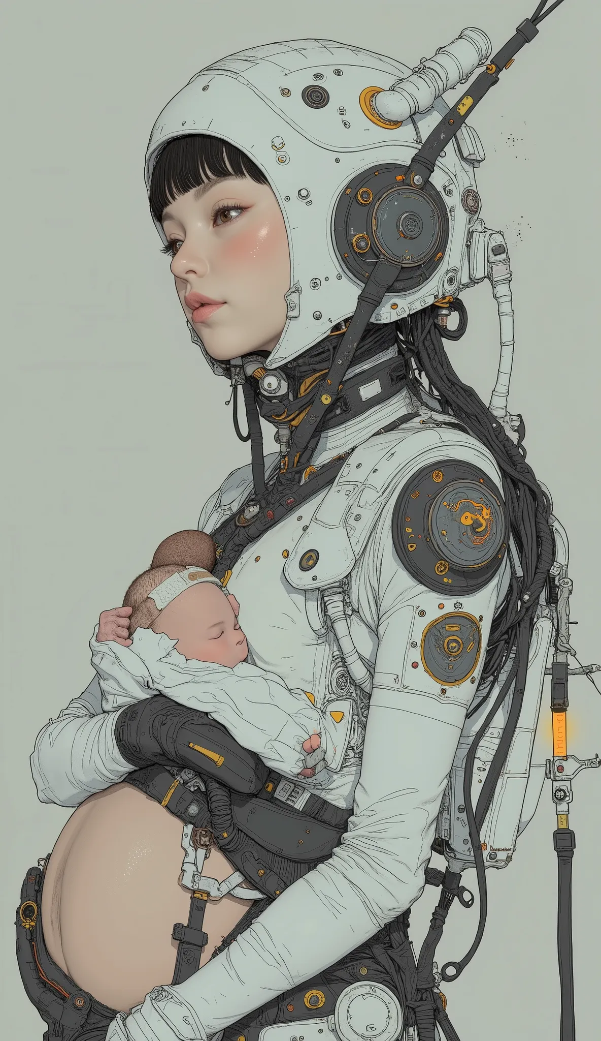 fisheye lens、Close up of a woman in a futuristic suit holding a baby,  3d rendering inspired by pregnant cyborgs , cyborg, Futuristic robot body, Complex Transhumans,  anime robot is an organic  ,  complicated machine body, Robot Body ,  integrated synthet...