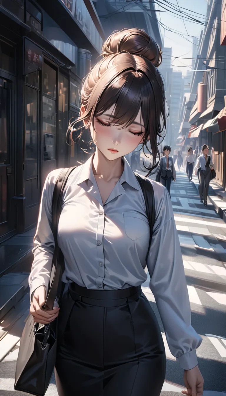 A beautiful Japanese office worker with silky hair in a bun is walking down the street to work. In the morning light, she gently rubs her eyes as if still half asleep. Ultra-detailed, ultra-realistic, cinematic lighting, 8K resolution.