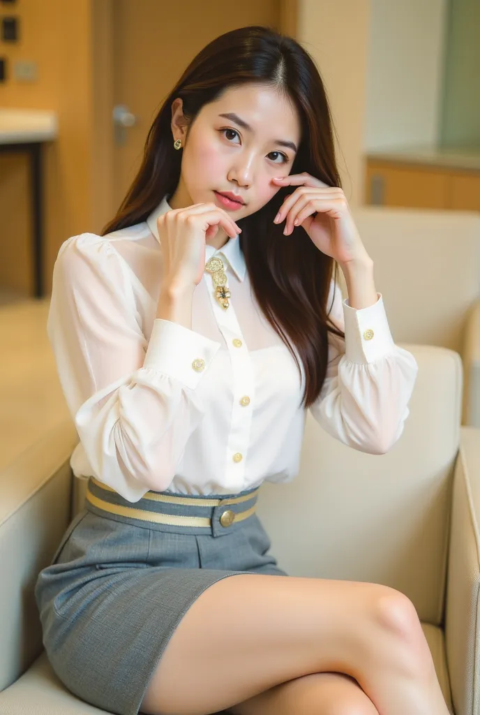 a young woman seated on a light-colored chair in an indoor setting, likely an office or lounge. She has long, dark hair styled neatly, and her expression is poised and confident. She is dressed in a professional yet stylish outfit, consisting of a white bl...