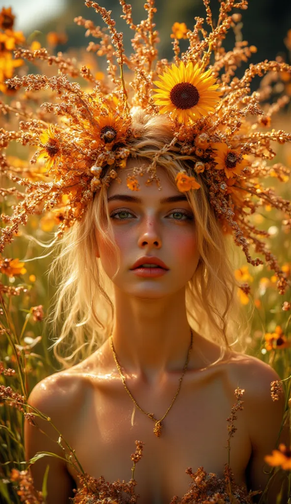 Photorealistic，Ultra high definition，Highest quality，Best Quality，8k，A radiant and beautiful dryad with golden curls entwined with sunflower vines. A crown of twisted roots shaped like a lion’s mane rests on her head as she basks in the warm sunlight of a ...