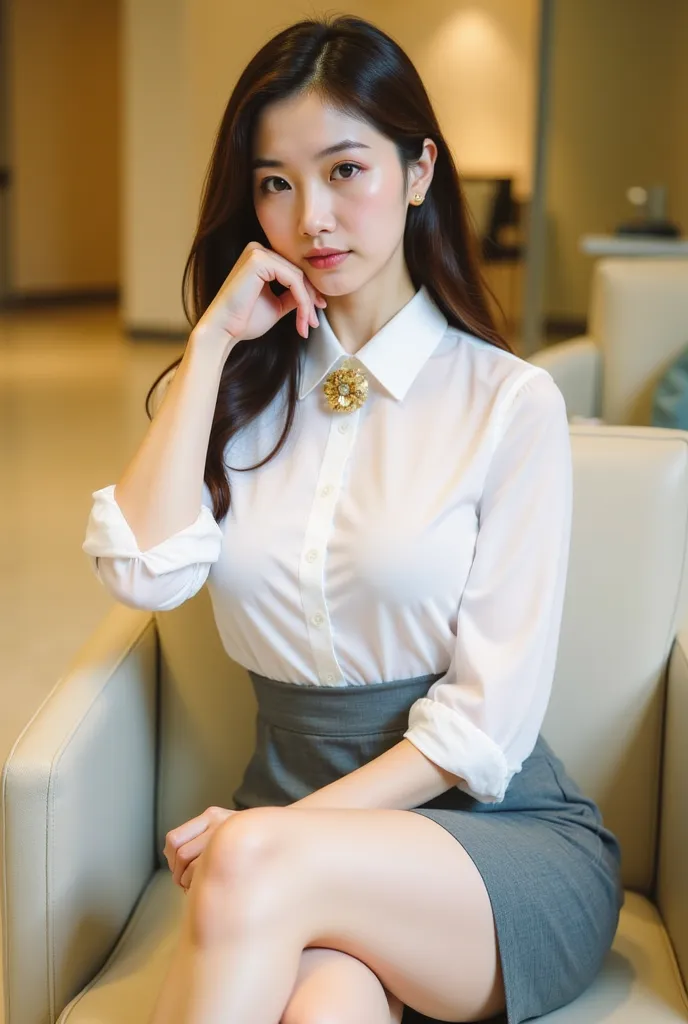 a young woman seated on a light-colored chair in an indoor setting, likely an office or lounge. She has long, dark hair styled neatly, and her expression is poised and confident. She is dressed in a professional yet stylish outfit, consisting of a white bl...