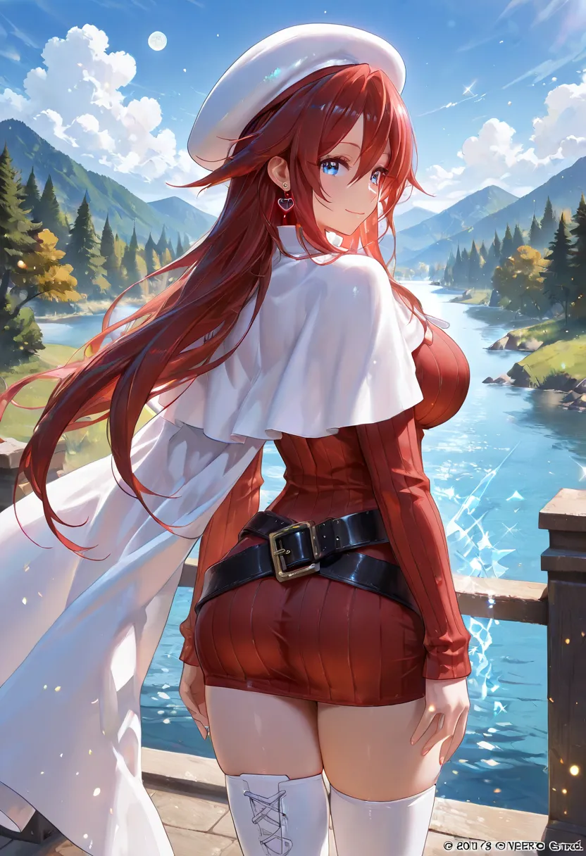 detailed background, masterpiece, top quality, landscape, Mountain, river, forest,  moon, day, cloud、score_9, score_8_up, score_7_up, Atty、非常にlong hair、 red hair、blue eyes、Big Breasts、  White Beret 、Between the eyebrows、 knee-high socks、White footwear、belt...