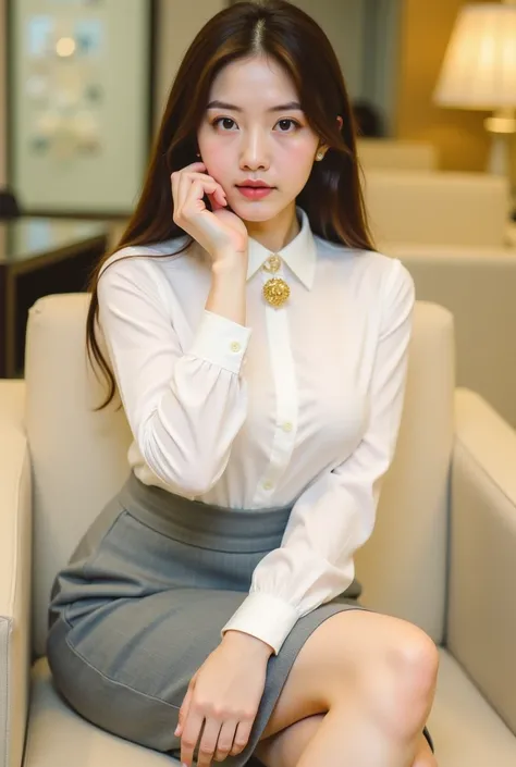 a young woman seated on a light-colored chair in an indoor setting, likely an office or lounge. She has long, dark hair styled neatly, and her expression is poised and confident. She is dressed in a professional yet stylish outfit, consisting of a white bl...