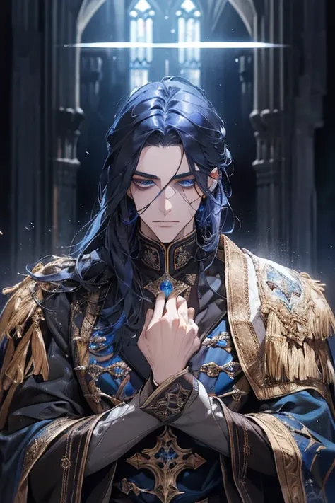 1 man, dark blue hair, beautiful, deep blue eyes, detailed eyes, beautiful,  tall and athletic body , Condescending,  cold , royalty, tyrannical ruler, wearing black, MEDIEVAL FANTASY , Dark eyes, throne room background, High Resolution, Masterpiece, Anato...