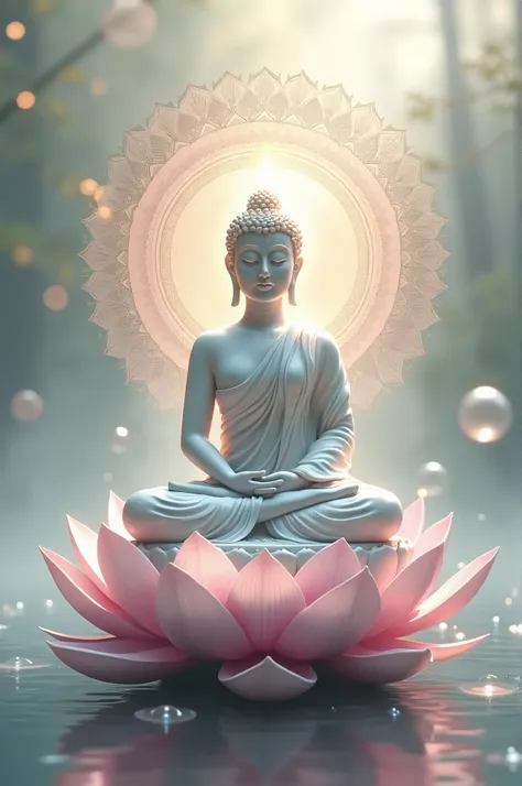 buddha statue sitting on a lotus flower with bubbles floating around, sitting on a lotus flower, buddhism, with lotus flowers, standing gracefully upon a lotus, hindu stages of meditation, beautiful image, the buddha, a beautiful buddhist mandala, floating...