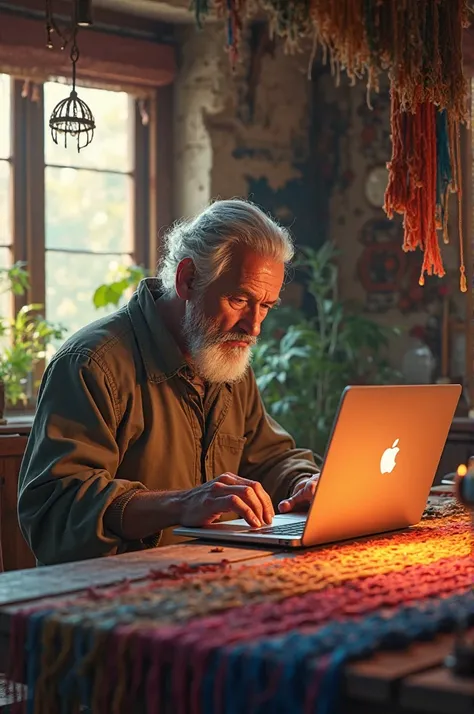 "Draw a tapestry craftsman sitting next to a traditional loom, holding colorful threads. While working , he is also looking at a laptop on the table, with the screen showing a web page. Pulse Surrounding is a peaceful village space with sunlight shining th...