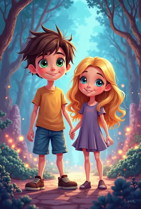 "A vibrant and colorful cartoon-style book cover featuring a young boy and girl as the main characters. The boy has messy brown hair, bright green eyes, and wears a casual t-shirt with shorts. The girl has long wavy blonde hair, blue eyes, and wears a play...