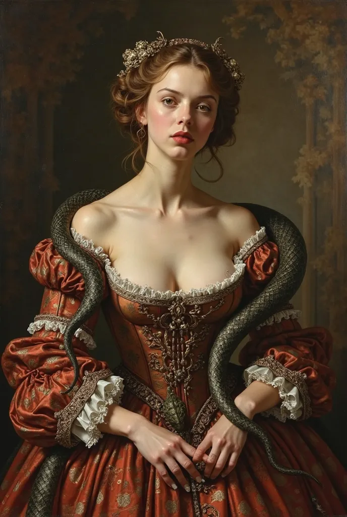 Une peinture style renaissance. On y voit seulement le decolté sexy d’une femme habillé comme dans le 16eme siècle. Un serpent enroulé autour d’elle