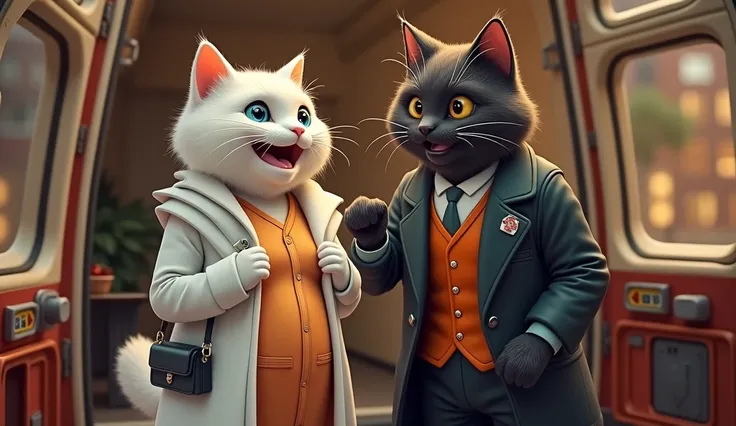 
The white fur pregnant cat is inside an ambulance in front of the hospital with the door of the ambulance open, while the black victorian cat is standing beside her. The hospital is a designed 3D building. Two nurses were coming out of the hospital and mo...