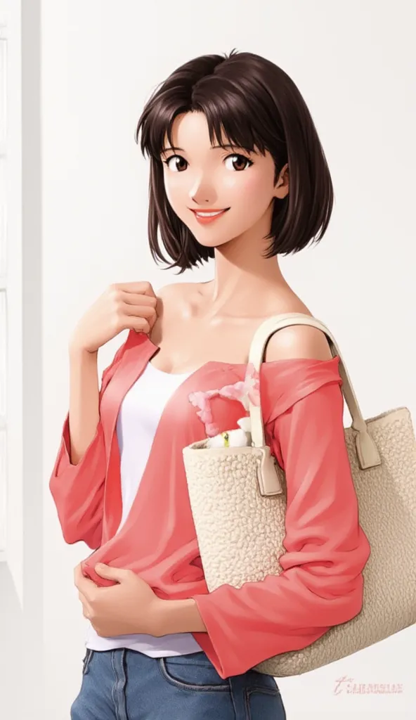 Full-body shot of a young Asian woman, 20s,  posing with a light beige, textured tote bag.  Smiling, friendly expression.  Short, brown hair styled in a neat bob.  She wears a vibrant, hot pink baseball style shirt with multi-colored graphics.  The shirt i...