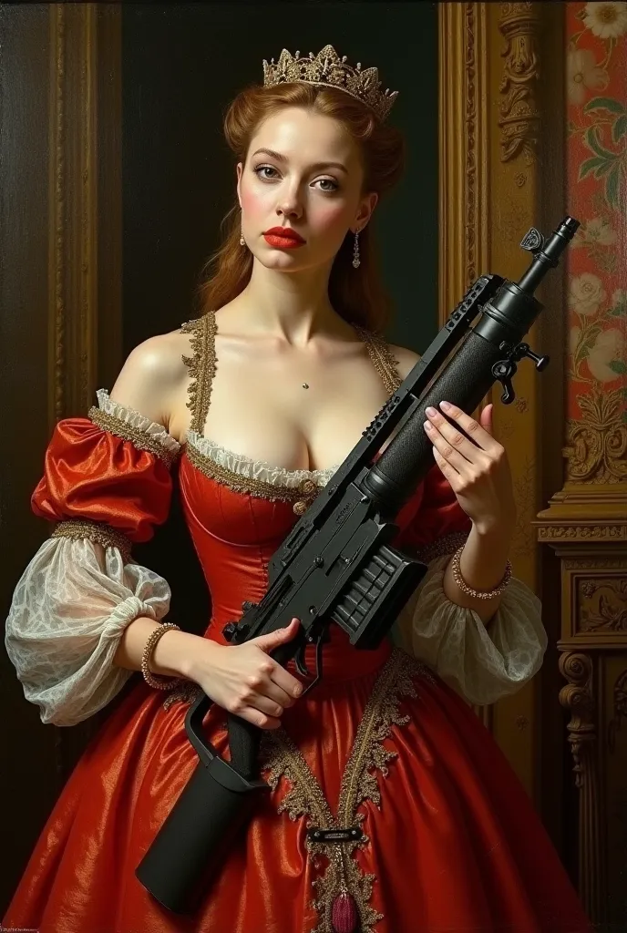 Une peinture style renaissance. On y voit seulement le decolté sexy d’une femme habillé comme dans le 16eme siècle. Elle tient une arme : famas