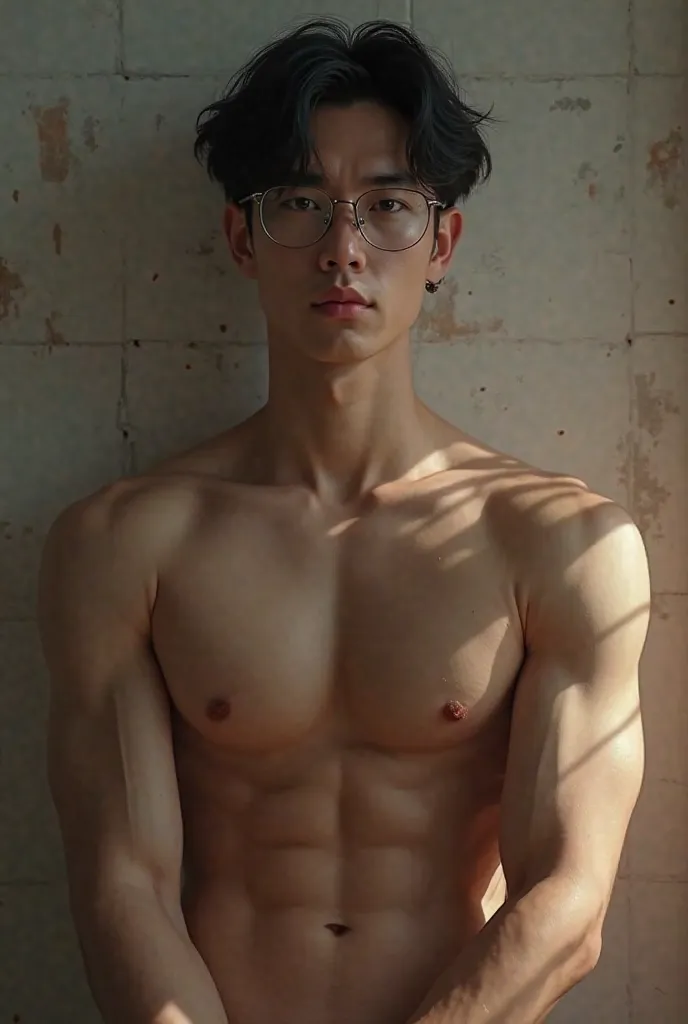 Naked 18 year old Taiwanese man, showing his penis big, intimate erect, he wears glasses has black hair and 6 pack abs,handsome, sexy, buff 