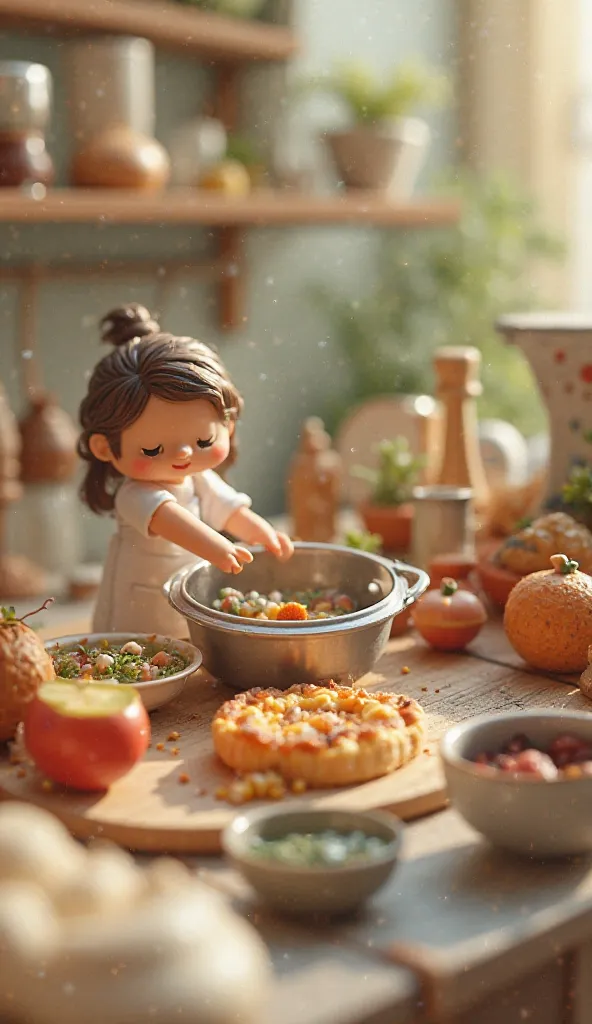 The image appears to be a miniature scene, possibly depicting a tiny planet or a small-scale diorama. The scene includes elements of miniature cooking, suggesting tiny food items or kitchen setups. The overall aesthetic is cute and artistic, with a focus o...