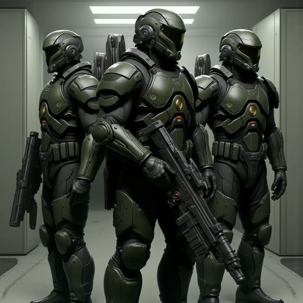 Futuristic senior officers in massive black and matt high-tech armor and exoskeleton(with rare red diodes),  Their helmet is designed in a high-tech style with a protective thin scarlet visor and built-in infrared sensors and pointed ears, they are holding...