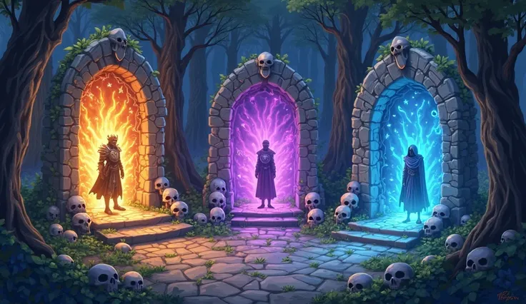 anime magic forest with three portals, surrounded by mystical symbols and skulls. Each portal leads to different worlds: one glows golden with a knight in blazing armor, , the second is surrounded by purple glow and leads to a mysterious magician in a hood...