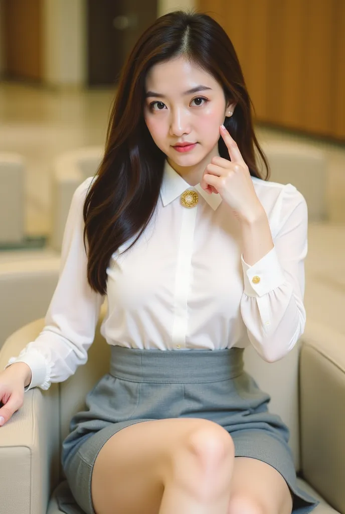 a young woman seated on a light-colored chair in an indoor setting, likely an office or lounge. She has long, dark hair styled neatly, and her expression is poised and confident. She is dressed in a professional yet stylish outfit, consisting of a white bl...