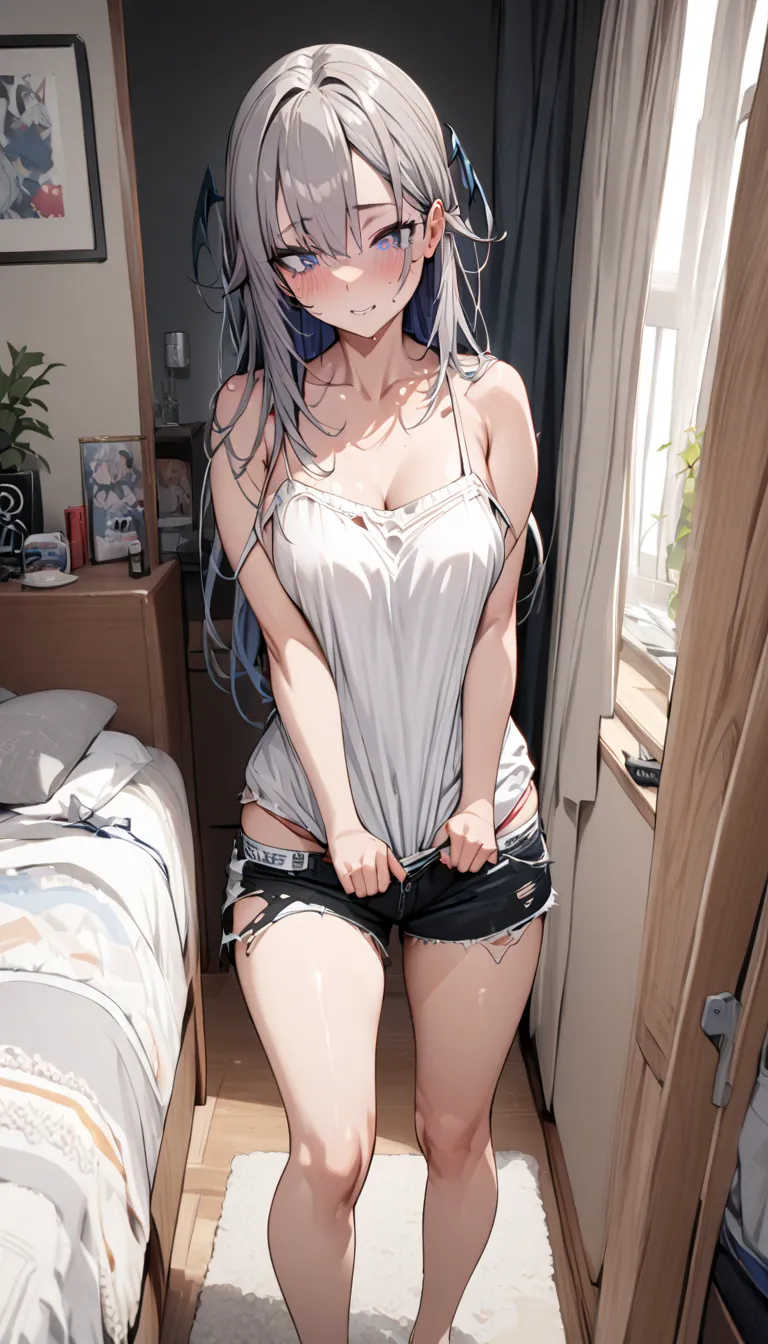  1girl ,torn_shorts,shorts,camisole,,masterpiece, best quality, very detailed, complicated, Super Detail, detailed eyes, my room,