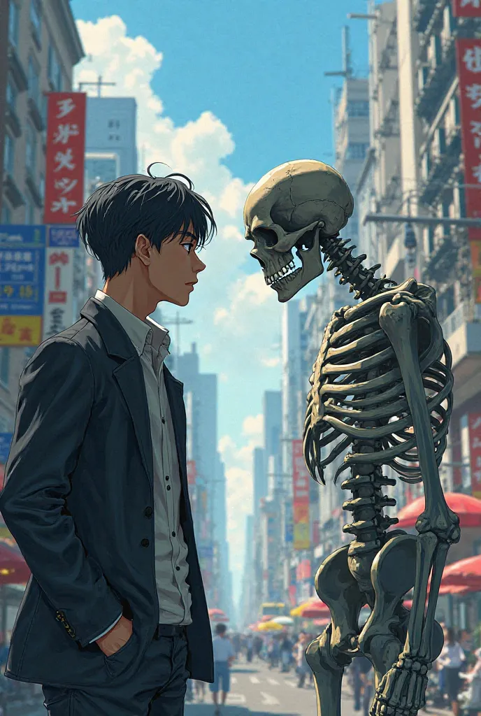 Man and skeleton talking in the city in anime style 