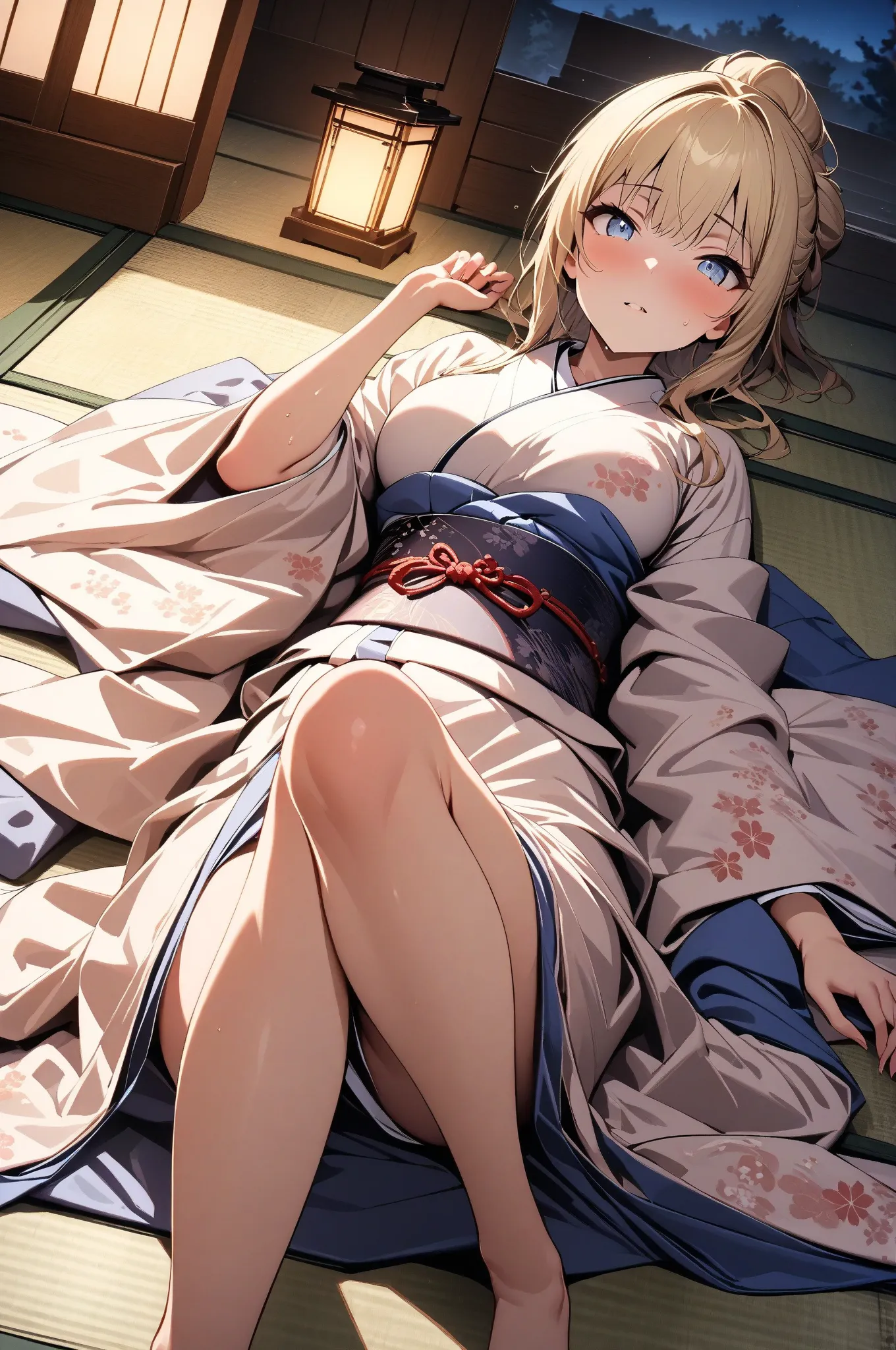 (masterpiece, detailed:1.2), One Girl, (18-years old), blonde one updo, Medium Breasts, sky blue eyes, BREAK, Highest quality, Washitsu, Japanese room, Tatami, Kimono, lie on back, Fullbody from front below:1.3, at night, Andon lantern