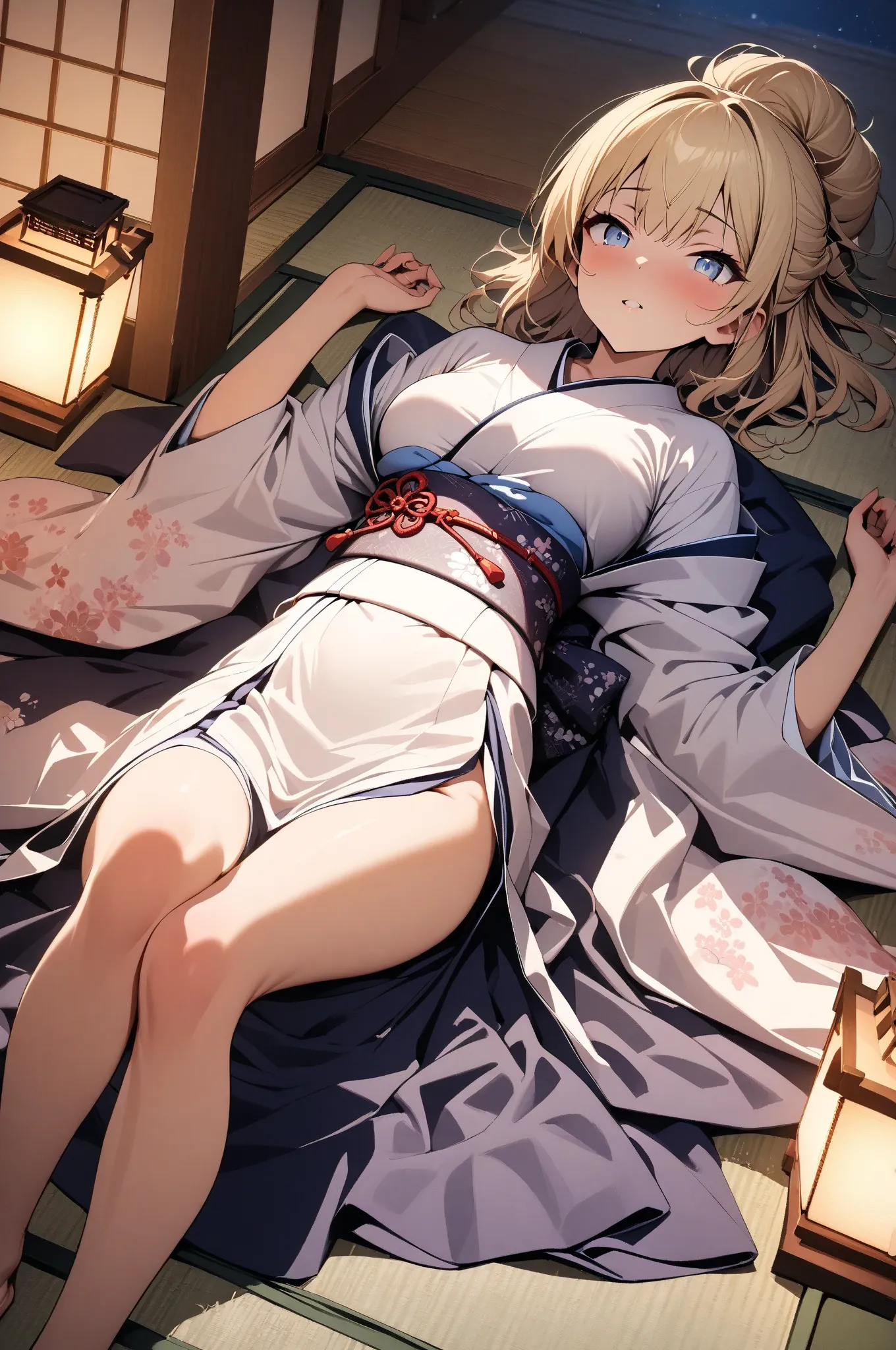 (masterpiece, detailed:1.2), One Girl, (18-years old), blonde one updo, Medium Breasts, sky blue eyes, BREAK, Highest quality, Washitsu, Japanese room, Tatami, Kimono, lie on back, Fullbody from front below:1.3, at night, Andon lantern