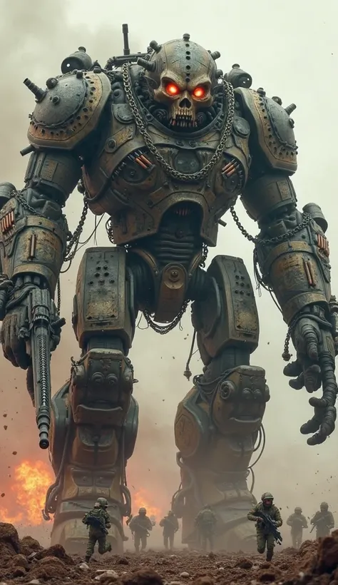 A monstrous, towering war beast covered in layers of heavy, battle-worn steel armor, with embedded bullet shells, grenades, and rifle magazines across its massive body. Its skin is rough like hardened leather, scarred from countless battles. Strapped to it...