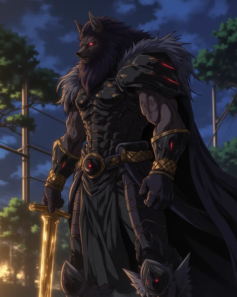 a gigantic and extremely muscular and intimidating anime black antropomorphic wolf with very long pointed ears, with long and scarred black Wolf face, with his body covered by black fur, with massive muscles on his wide strong shoulders and very long and i...