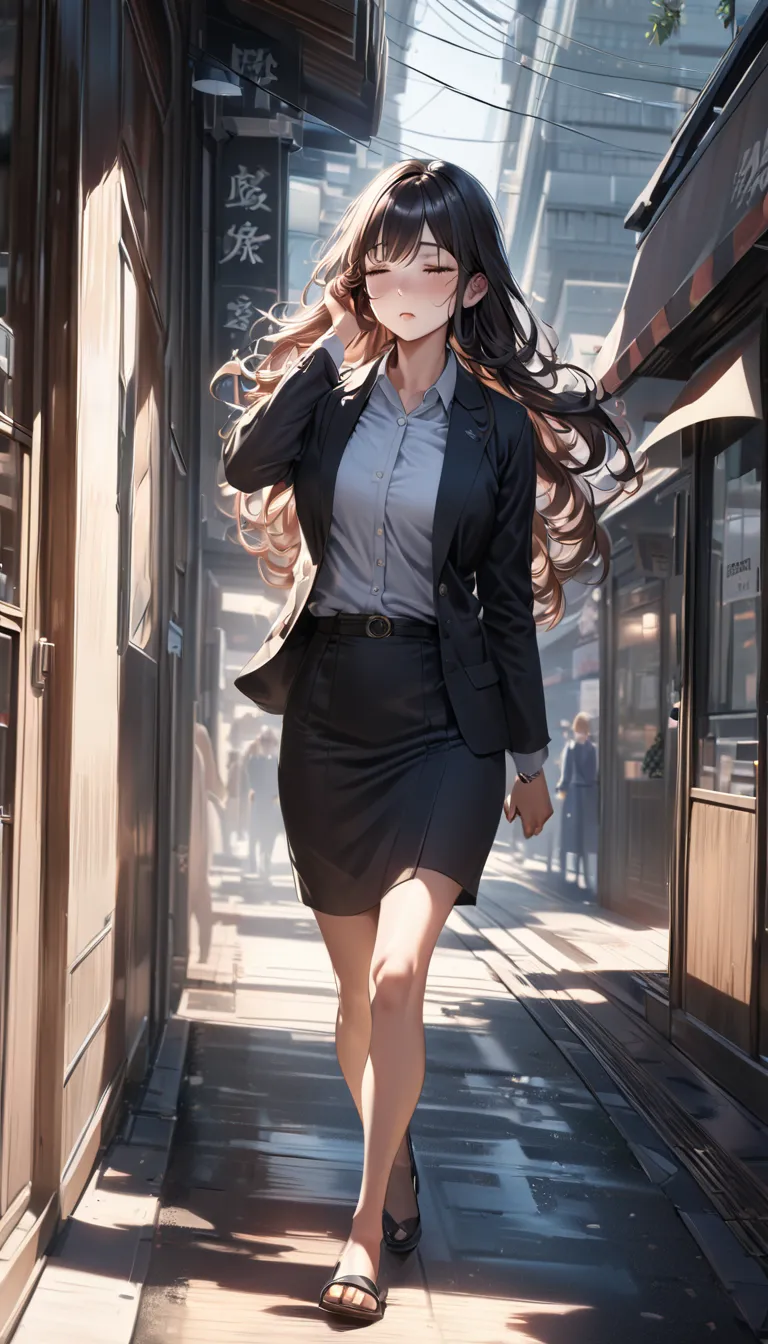 A beautiful Japanese office worker with silky hair is walking down the street to work. In the morning light, she gently rubs her eyes as if still half asleep. Ultra-detailed, ultra-realistic, cinematic lighting, 8K resolution.