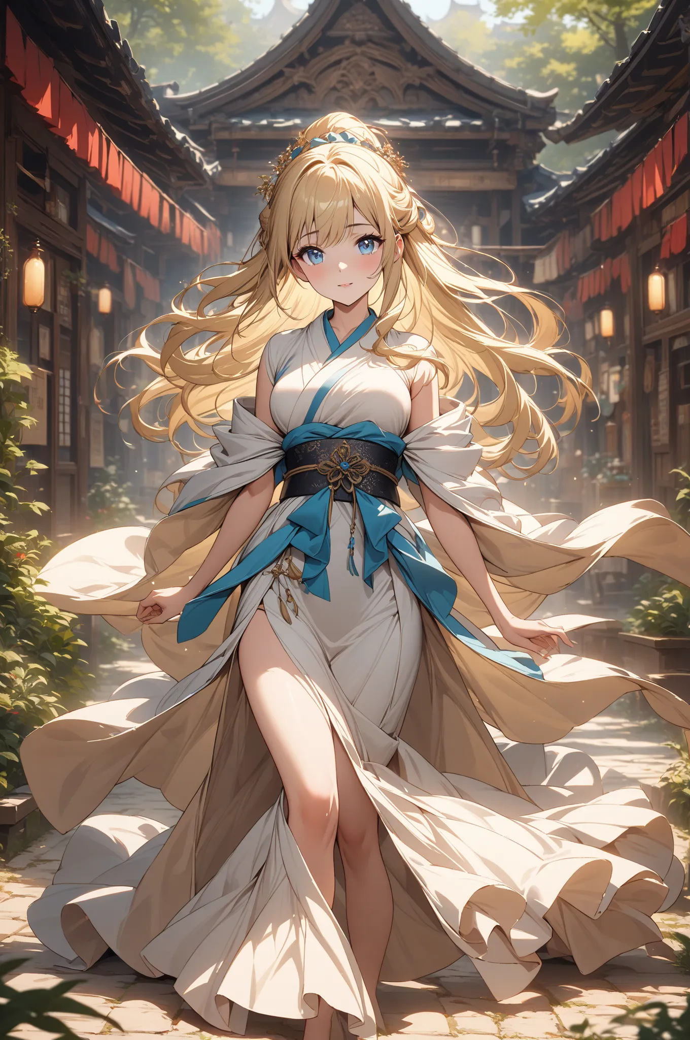 (masterpiece, detailed:1.2), One Girl, (18-years old), blonde one updo, Medium Breasts, sky blue eyes, BREAK, Highest quality, town, Kimono, Fullbody from front below:1.3