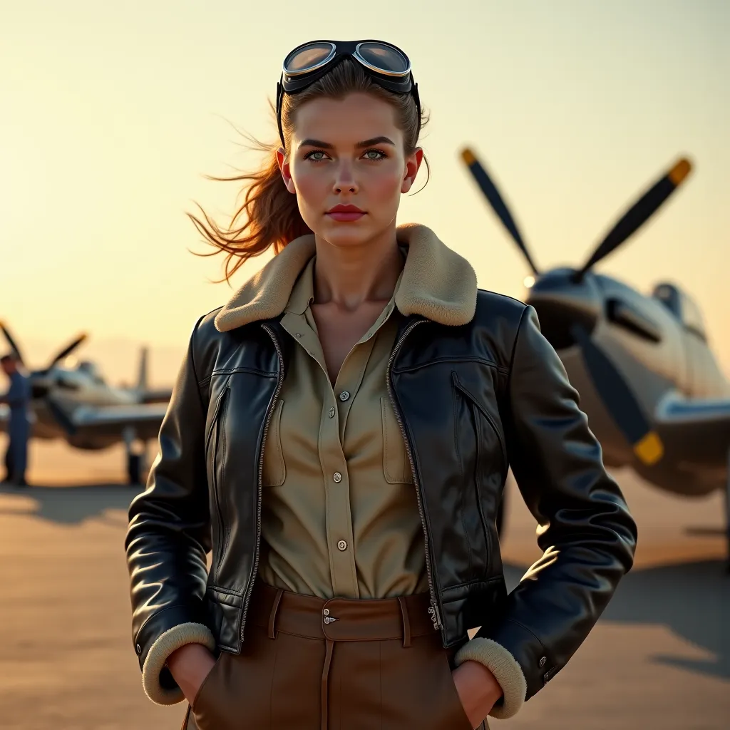 An ultra-realistic and highly detailed portrait of a female WWII American pilot, standing confidently in front of a P-51 Mustang fighter plane she has just delivered to an air base. She is wearing an authentic WASP (Women Airforce Service Pilots) uniform: ...