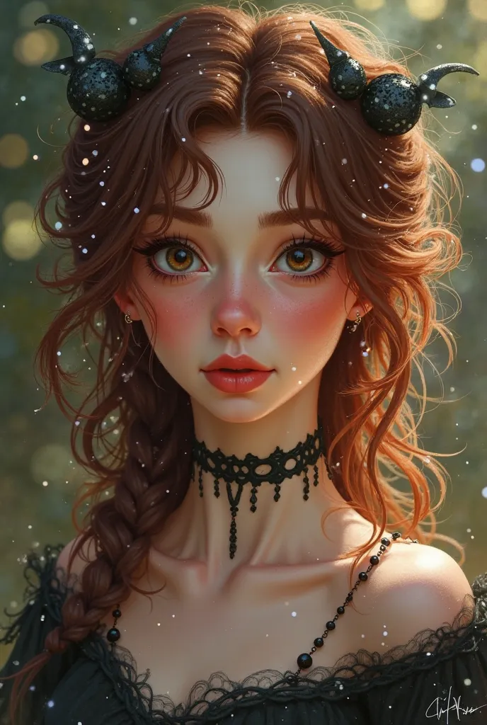 Create a profile picture for all my social networks, That is not realistic, My name is Witchy Soul. Make her chubby, with big, dark eyes and with dark copper hair, almost brown 