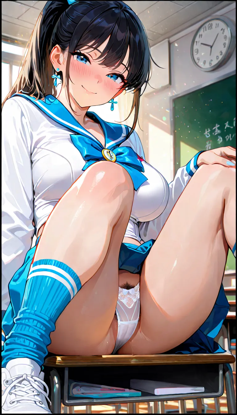 (beautiful girl : 1.3),1 girl,(sailor suit, Long Sleeve,skirt,earrings, pure white underwear, pubic hair), black hair,ponytail,smile, is embarrassing,blush, cross your legs,sit,classroom,masterpiece,highest quality,Ultra High Resolution,rich contrast that ...