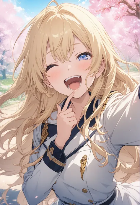 masterpiece, highest quality, Highly Detailed CG Unity 8k Wallpaper, 20 year old girl anime illustration. Attractive Poses、Close your eyes、is opening its mouth, smile.  The background is a pastel-colored landscape,  Blonde Color ,long hair、hair fluttering ...