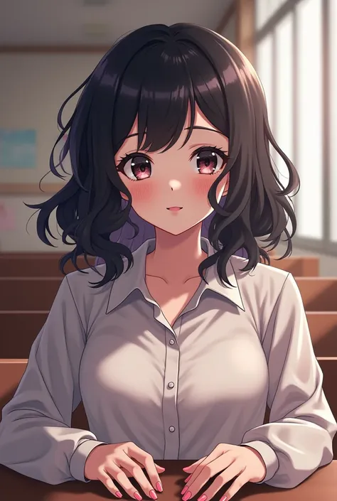 An ager extremely anime style beautiful girl with medium size wavy black hair, wearing an oversized shirt, pink nails, sitting in a beautiful school. She has a sharp jawline and extremely beautiful face, named Subyta