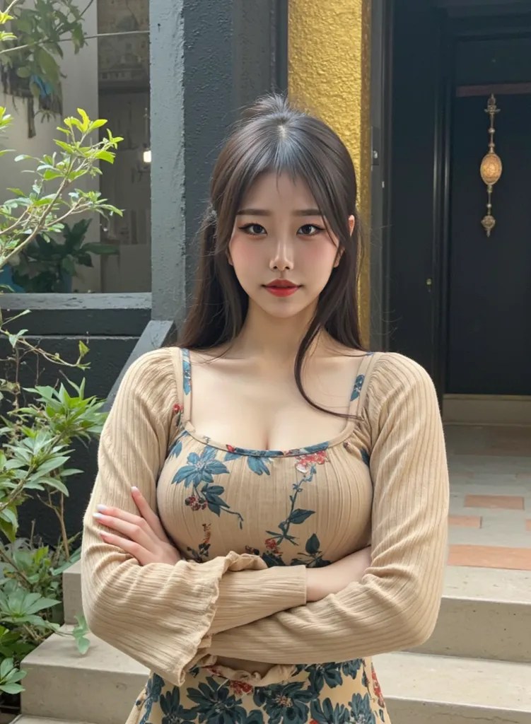 Close up amateur shot of a Instagram influencer. A Asian woman with patterned dress outdoors, no makeup. She has long black hair that tied up, cute , she is slim and big breasts under her clothes, model body, her pale skin contrasting against the dark back...