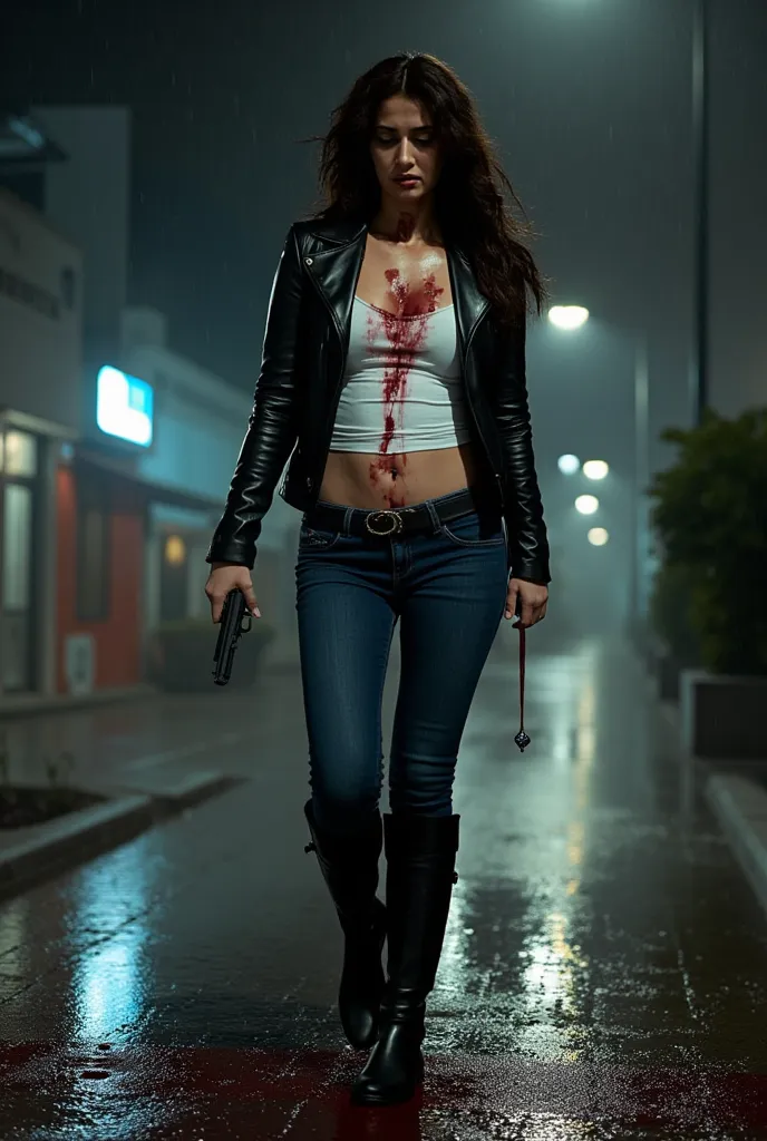 Front angle full body image of the Bloodied and mortally wounded Disha Patani stumbling down a side walk in the city on a rainy night. She is an assassin and has been shot with bullets in her belly. She is wearing a bodyhugging white t shirt fully tucked i...