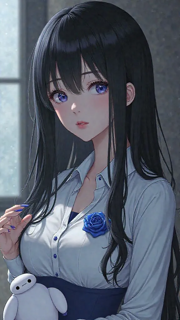 Sharp small face 、Long black hair with dark blue innerwear、I'm staring at it with pretty thin, sharp, hanging eyes、Blue eyes、Skin is white、Her mouth is expressionless 、The clothes are clean, tight blouses with 1 blue rose brooch on it、with black hair and d...